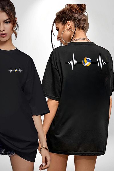 Angemiel Volleyball Heartbeat Excitement Black Oversize Women's Men's Front and Back Printed T-Shirt