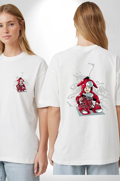 Angemiel The Innocence of Love and Art Graffiti Rabbit White Oversize Women's Men's Front and Back Printed T-Shirt