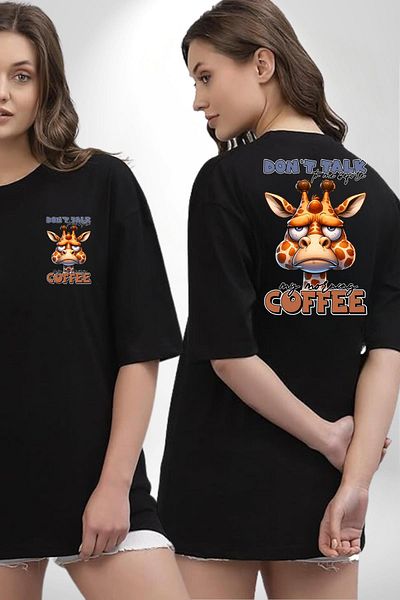 Angemiel Giraffe Coffee Love Don'T Talk before Coffee Black Oversize Women Men Front and Back Printed T-Shirt