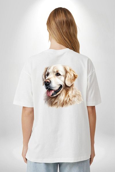 Angemiel تي شيرت مطبوع عليه Golden Retriever Dog Friendly أبيض كبير الحجم للنساء والرجال من الأمام والظهر