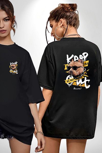 Angemiel Caution Dog Printed Pitbull Sunglasses Black Oversize Women's Men's Front and Back Printed T-Shirt