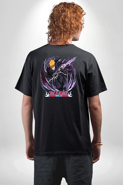 Angemiel Bleach Ichigo Kurosaki Anime Black Oversize Women Men Front and Back Printed T-Shirt