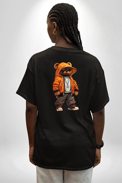 Angemiel Hip Hop Orange Hooded Urban Style Teddy Bear Black Oversize Women's Men's Front and Back Printed T-Shirt