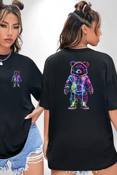Angemiel Neon Lights Revived Teddy Bear Black Oversize Women's Men's Front and Back Printed T-Shirt