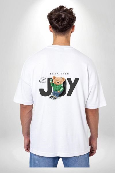 Angemiel Towards Joy Printed Cute Bear Design White Oversize Women's Men's Front and Back Printed T-Shirt