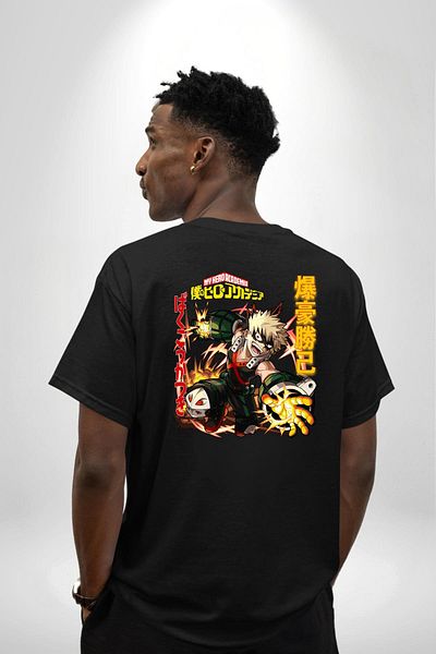 Angemiel Bakugo Katsuki – My Hero Academia Anime Black Oversize Women's Men's Front and Back Printed T-Shirt