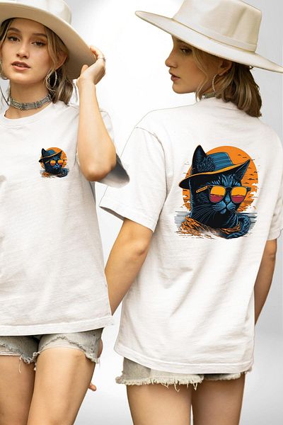 Angemiel Cool White Cat Glasses and Hat White Oversize Women's Men's Front and Back Printed T-Shirt