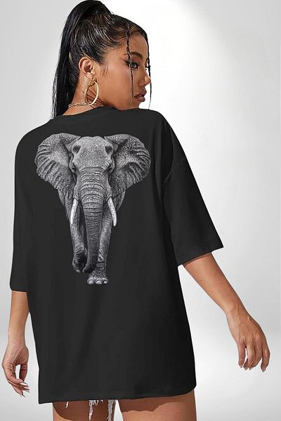 Angemiel Nature Inspired Elephant Portrait Black Oversize Women's Men's Front and Back Printed T-Shirt