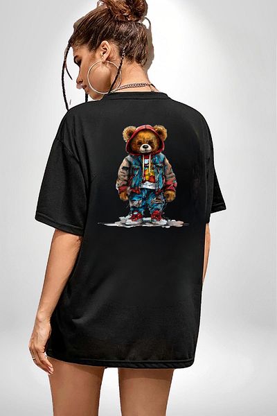 Angemiel Trendy Red Yellow Fan Teddy Bear Teddy Black Oversize Women's Men's Front and Back Printed T-Shirt