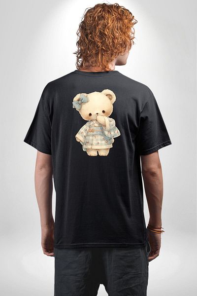 Angemiel Blue Square Patterned Teddy Bear Kawaii Style Black Oversize Women's Men's Front and Back Printed T-Shirt