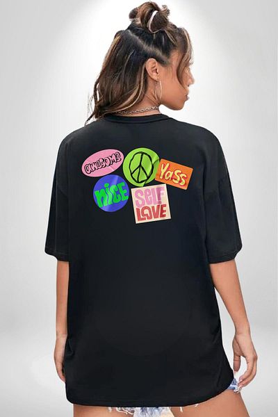 Angemiel Peace Positive Energy Stickers Black Oversize Women Men Front and Back Printed T-Shirt
