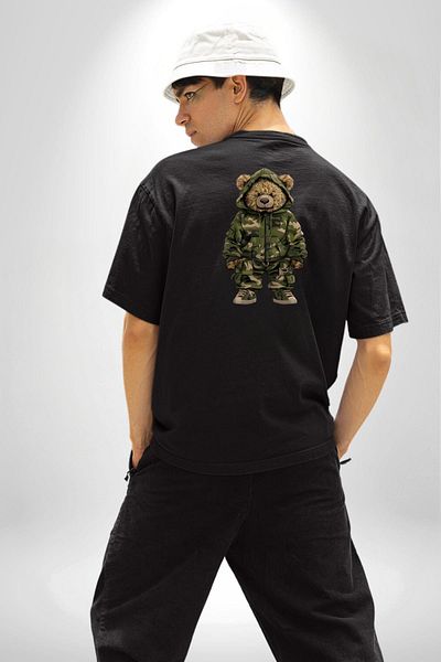 Angemiel Camouflage Pattern Teddy Bear Hoodie & Pants Set Black Oversize Women Men Front and Back Printed T-Shirt