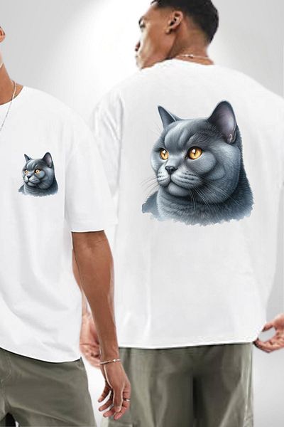 Angemiel British Shorthair Cat White Oversize Women's Men's Front and Back Printed T-Shirt