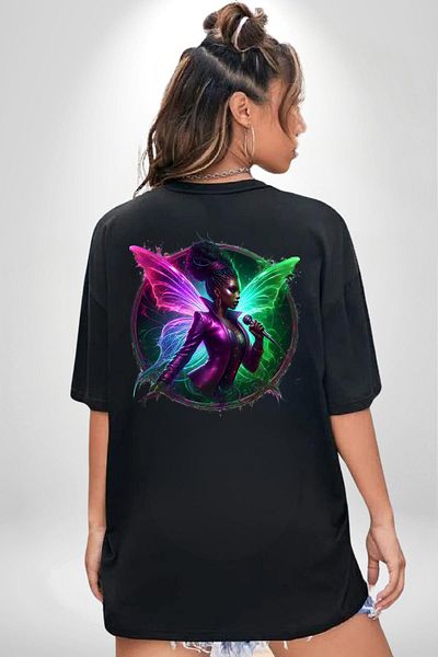 Angemiel Music Black Oversize Women Men Front and Back Printed T-Shirt with Shiny Wings and Microphone