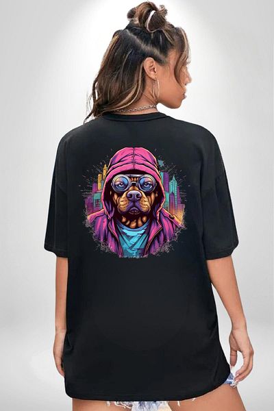 Angemiel Graffiti Street Art Dog Pattern Black Oversize Women Men Front and Back Printed T-Shirt