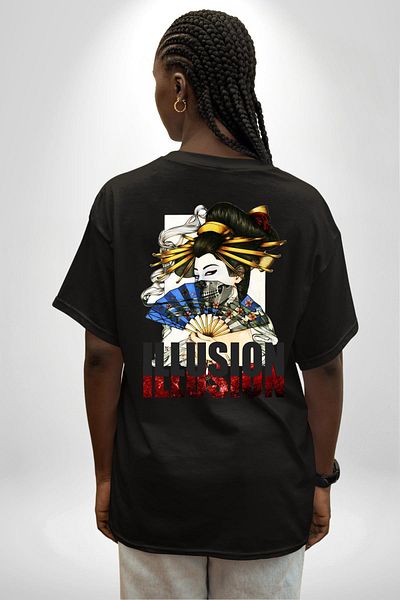 Angemiel Mysterious Geisha Illusion Black Oversize Women's Men's Front and Back Printed T-Shirt