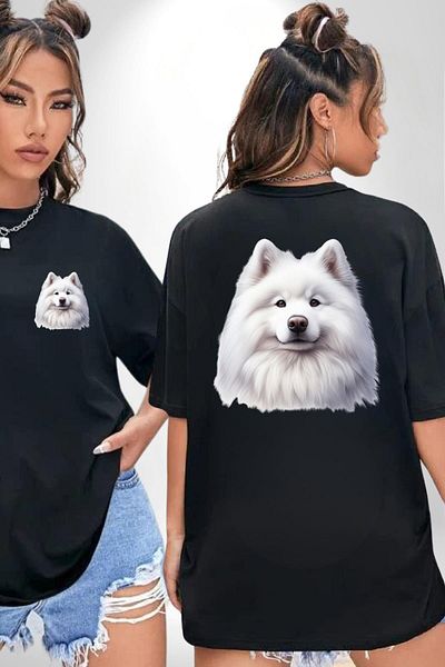 Angemiel White Samoyed Dog Black Oversize Women's Men's Front and Back Printed T-Shirt