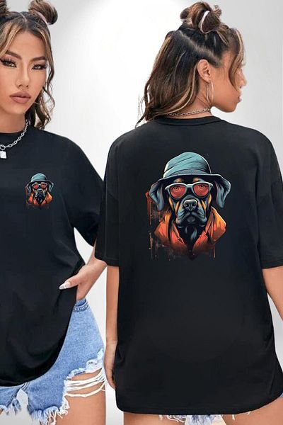 Angemiel Hat and Glasses Combo Secret Agent Style Dog Black Oversize Women Men Front and Back Printed T-Shirt