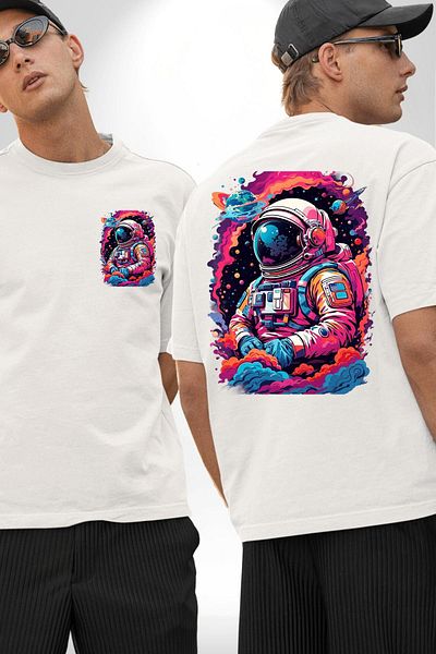 Angemiel Colorful Galaxy Astronaut Space and Loneliness White Oversize Women's Men's Front and Back Printed T-Shirt