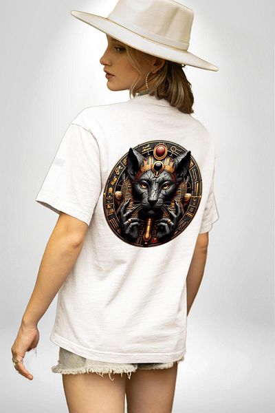 Angemiel تي شيرت Sekhmet Warrior and Goddess of Healing Egyptian أبيض كبير الحجم للنساء والرجال مطبوع من الأمام والظهر