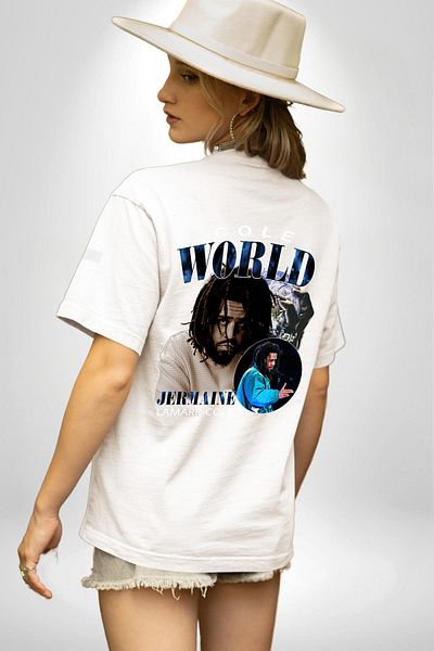Angemiel تي شيرت J. Cole K-pop Singer Rap World Icon أبيض كبير الحجم للنساء والرجال مطبوع من الأمام والظهر