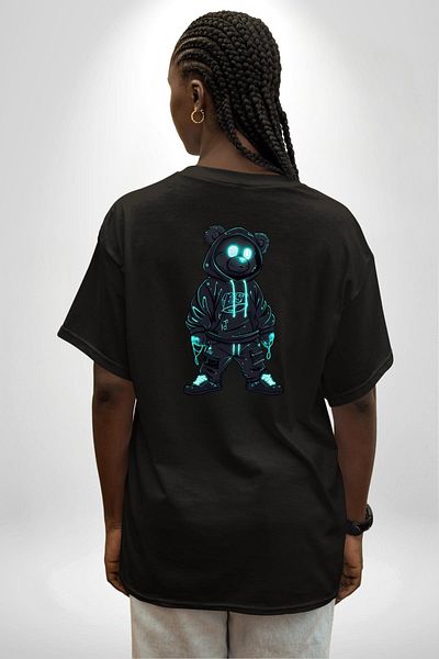 Angemiel Blue Neon Light Detailed Street Fashion Teddy Bear Black Oversize Women's Men's Front and Back Printed T-Shirt