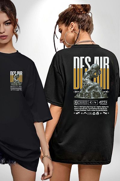 Angemiel Greek God Atlas Keep Looking Written Black Oversize Women's Men's Front and Back Printed T-Shirt