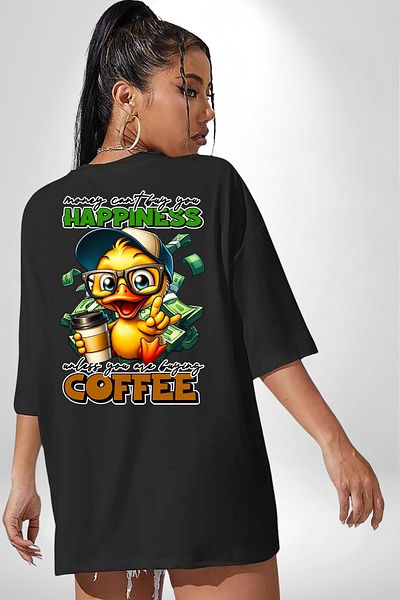 Angemiel Coffee for Happiness Black Oversize Women's Men's Front and Back Printed T-Shirt