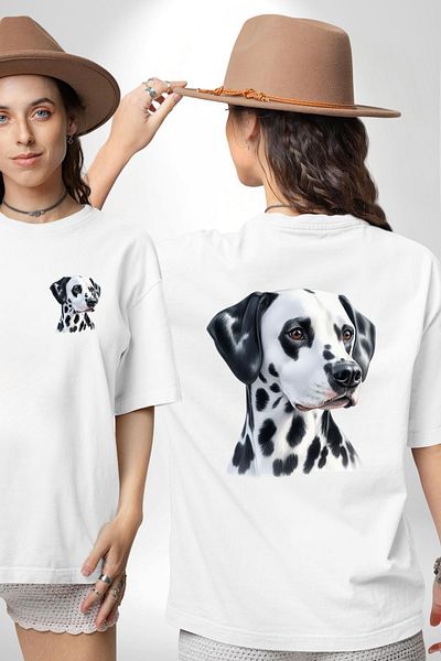 Angemiel Dalmatian Dog White Oversize Women's Men's Front and Back Printed T-Shirt