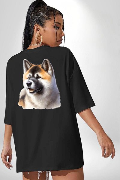 Angemiel Akita Inu Love Dog Black Oversize Women's Men's Front and Back Printed T-Shirt