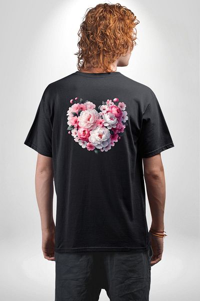 Angemiel Peony Flower Arrangement Design Black Oversize Women's Men's Front and Back Printed T-Shirt
