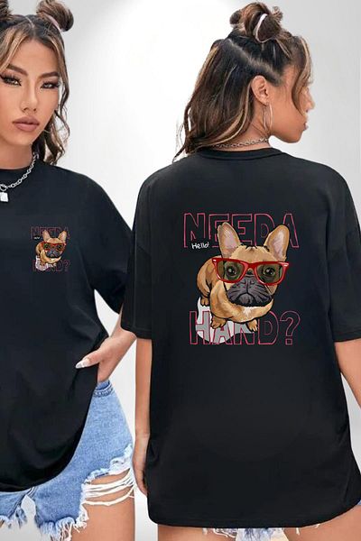 Angemiel Need a Hand Printed Funny and Cute Design Black Oversize Women Men Front and Back Printed T-Shirt