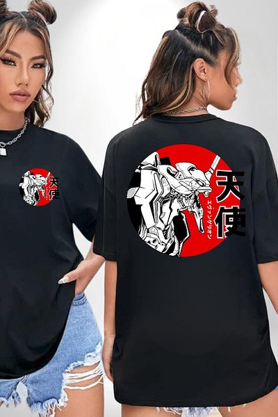 Angemiel Neon Genesis Evangelion Angel Anime Black Oversize Women's Men's Front and Back Printed T-Shirt