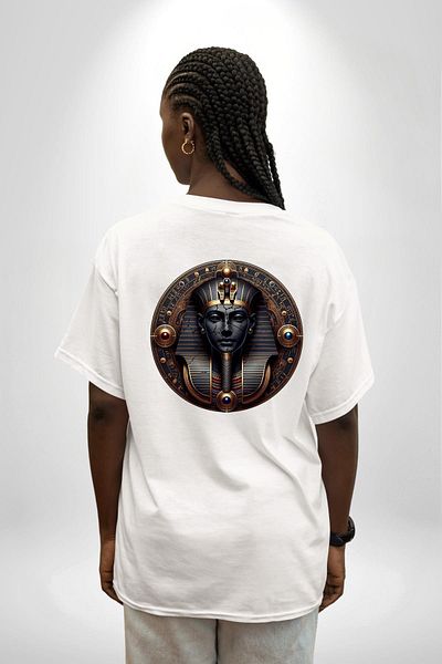 Angemiel تي شيرت مطبوع عليه مصر Atum God of Creation White مقاس كبير للنساء والرجال من الأمام والظهر
