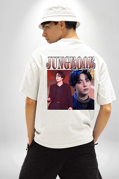 Angemiel تي شيرت Jungkook K-pop Style K-pop Icon أبيض كبير الحجم للنساء والرجال مطبوع من الأمام والظهر
