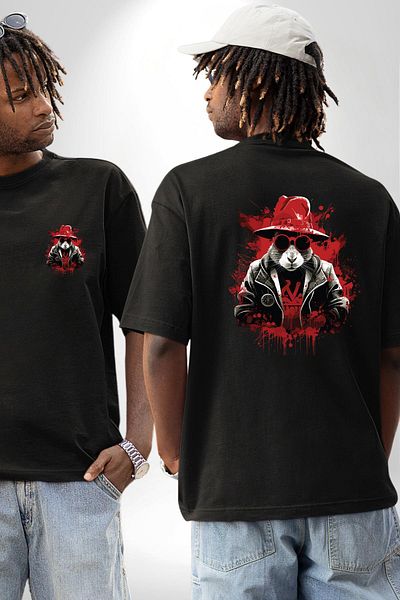 Angemiel Red Hat Rebel Rabbit Black Oversize Women's Men's Front and Back Printed T-Shirt