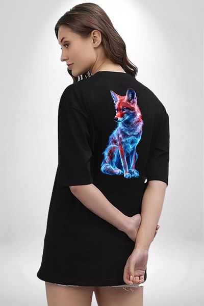 Angemiel Colorful Neon Fox Black Oversize Women's Men's Front and Back Printed T-Shirt