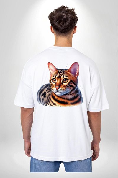 Angemiel Bengal Cat White Oversize Women's Men's Front and Back Printed T-Shirt