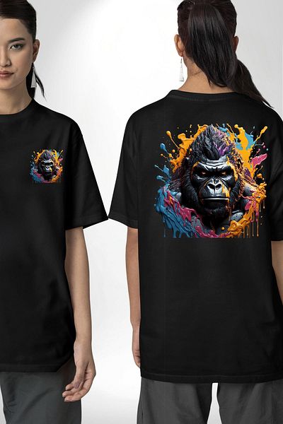 Angemiel Gorilla Design Black Oversize Women's Men's Front and Back Printed T-Shirt with Vibrant Colors