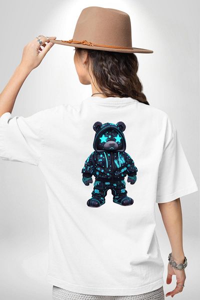 Angemiel Neon Night Glow Cyberpunk Teddy Bear White Oversize Women's Men's Front and Back Printed T-Shirt