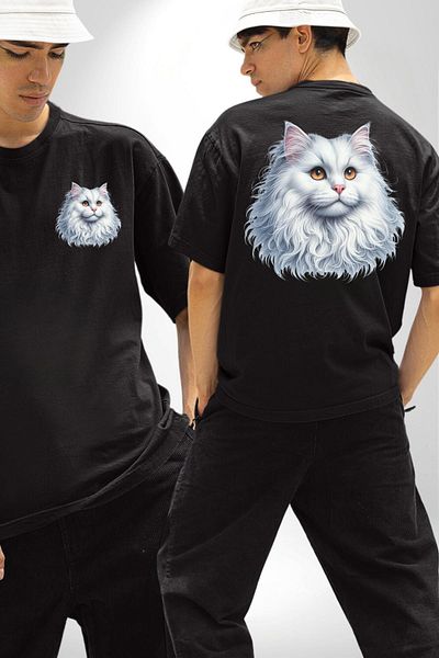 Angemiel White Persian Cat Black Oversize Women's Men's Front and Back Printed T-Shirt