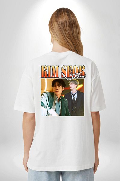 Angemiel تي شيرت Kim Seok Jin Singer Korean Pop أبيض كبير الحجم للنساء والرجال مطبوع من الأمام والخلف