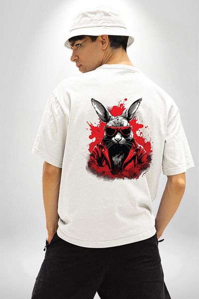 Angemiel تي شيرت مريح وأنيق للنساء والرجال ذو تصميم أمامي وخلفي مطبوع عليه Dark Rabbit White