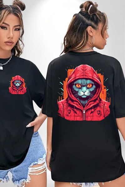 Angemiel Red Hooded Cat  Style Black Oversize Women's Men's Front and Back Printed T-Shirt