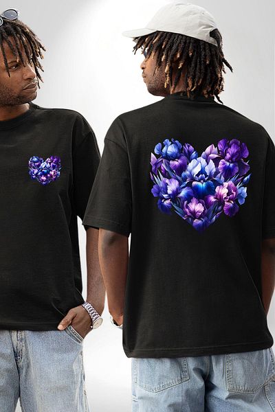 Angemiel Iris Flower Purple White Shades Elegance Black Oversize Women's Men's Front and Back Printed T-Shirt
