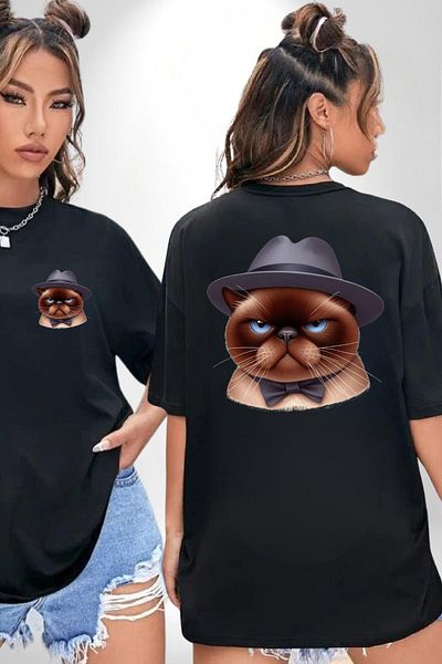 Angemiel Cat's Elegant Solemnity Hat and Bow Tie Black Oversize Women's Men's Front and Back Printed T-Shirt