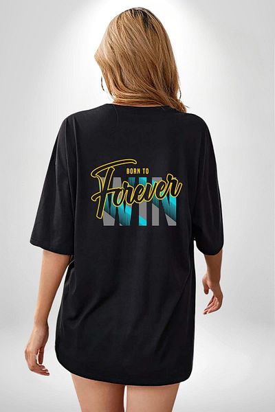 Angemiel Born to Win Printed Motivational Design Black Oversize Women's Men's Front and Back Printed T-Shirt