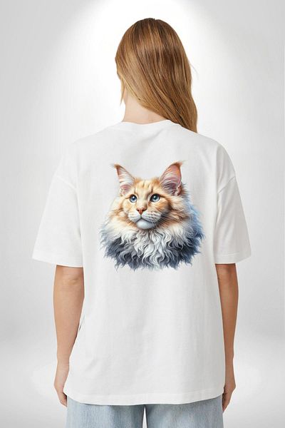 Angemiel Maine  Cat White Oversize Women's Men's Front and Back Printed T-Shirt