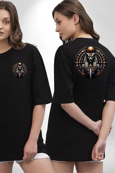 Angemiel Maahes Ancient God of War and Protection Egyptian Black Oversize Women Men Front and Back Printed T-Shirt