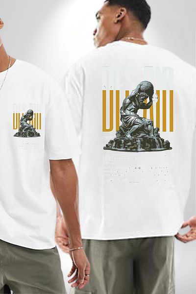 Angemiel Greek God Atlas Keep Looking Written White Oversize Women's Men's Front and Back Printed T-Shirt